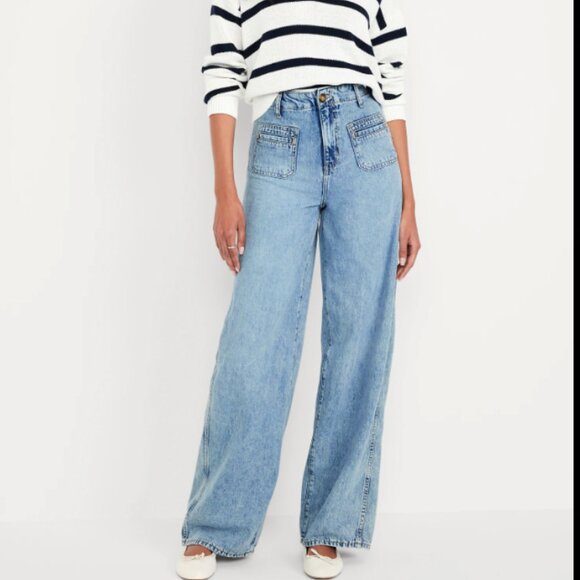 Old Navy High-Waisted Baggy Wide-Leg Trouser Jeans in Light Wash Size 10 Tall - Picture 1 of 2